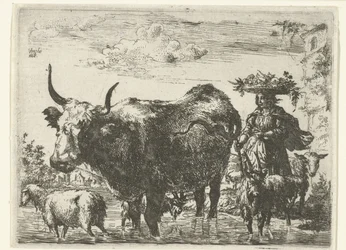 Pastorella con cesto sulla testa, una mucca, due capre e due pecore nell