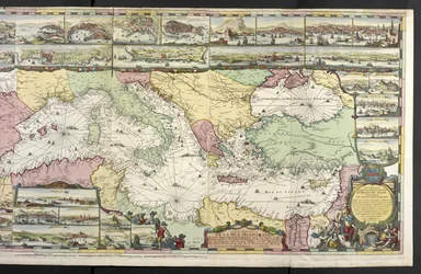 Mappa del Mediterraneo con figure allegoriche e mostri marini che abbelliscono gli inserti, da 