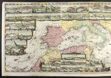 Mappa del Mediterraneo con figure allegoriche e mostri marini che abbelliscono gli inserti, da 