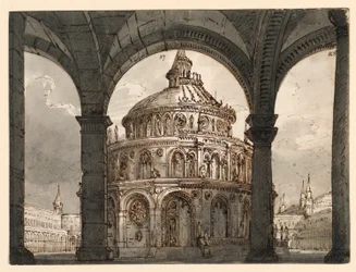 Progetto scenico, atrio con il Tempio degli Ospitalieri per l