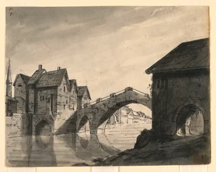 Scenografia, ponte sul fiume in una città