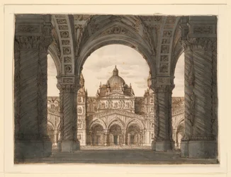 Scenografia, Facciata della Chiesa da una Loggia, I due Valdomiri di Felice Romani, musica di Pietro de Winter. Eseguito alla Scala, Milano, 1818