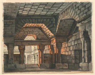 Scenografia, interno del castello fortificato per "Ciro in Babilonia" di Gioachino Rossini, La Scala, Milano, 1818, "Prigione Sotterranea"