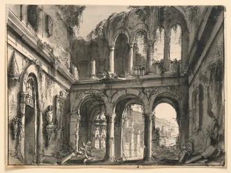 Scenografia, interno di un palazzo rinascimentale in rovina