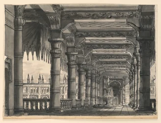 Scenografia, loggia con fontana in un palazzo orientale