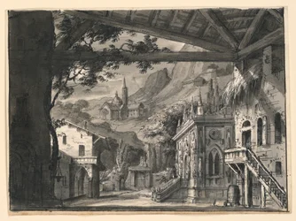 Scenografia: villaggio in paesaggio collinare, per L