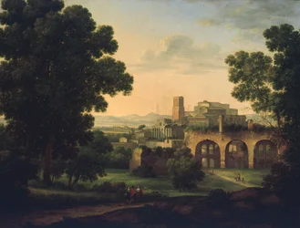Paesaggio con rovine e viandanti