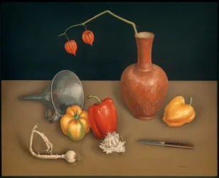 Natura morta con peperoni (coltello, vaso, alchechengi)