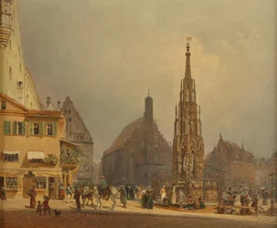 La bella fontana di fronte alla Frauenkirche di Norimberga