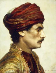 Ritratto di profilo di un uomo con turbante rosso