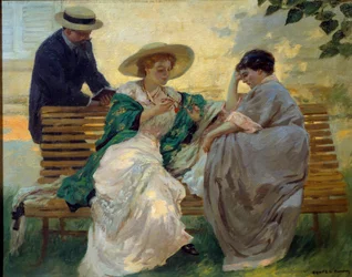 Bel tempo: "La conversazione" Gruppo di borghesi che leggono su una panchina di Rupert Bunny (1864-1947) 1885