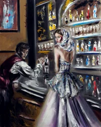 Donna velata al bar, 2022 (olio su tela)