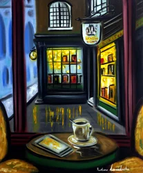 Caffè e libreria, 2025 (olio su tela)