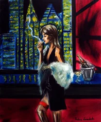 Signora in città di notte, 2025 (olio su tela)