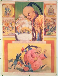 Poster comico russo che satira gli europei in Cina, stampato a Mosca, Russia, 1900