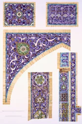 Piastrelle decorative in blu, verde e crema con contorni dorati