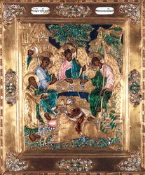 Icona raffigurante Abramo e i tre angeli, Scuola di Mosca (smalto)