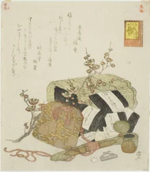 Alga, custodia portatile per la scrittura e ramo di prugna, no. 5 della serie "Le imprese del coniglio (Usagi tegarabanashi)".