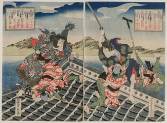 Arashi Rikan II come Inuzuka Shino Moritaka e Nakamura Utaemon III come Inukai Kenpachi, 1834