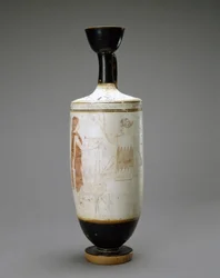 Lekythos a fondo bianco con giovane donna presso una tomba, 450-440 a.C.