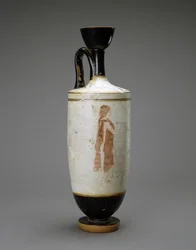 Lekythos a fondo bianco con giovane donna presso una tomba, 450-440 a.C.