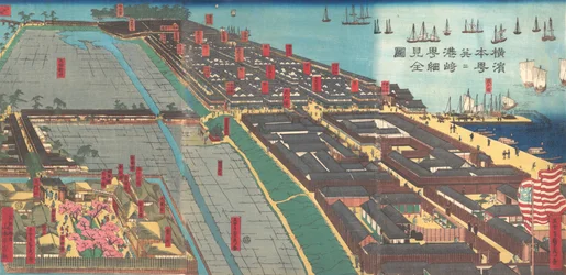 Stampa Dettagliata di Yokohama Hon-cho e il Quartiere del Piacere Miyozaki, 4° mese, 1860