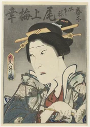 Onoe Baikô III in ruolo femminile con ventaglio in mano