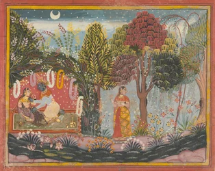 Krishna e Radha in un pergolato: pagina da un Gita Govinda disperso, ca. 1665