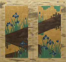 Iris e ponte a otto, paravento pieghevole a due pannelli, 1820 circa (inchiostro, colore e foglia d
