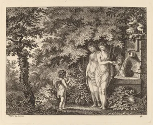 Eros con tre ragazze a una fontana