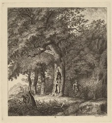 Paesaggio boscoso con una ninfa e un satiro