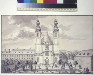 A tutta pagina: veduta frontale della chiesa dei Serviti nel sobborgo di Rossau (disegno a penna e inchiostro)