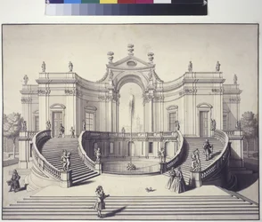 A tutta pagina: palazzo del giardino nei giardini di Palazzo Liechtenstein, Rossau, Vienna (disegno a penna e inchiostro)