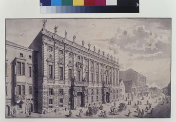 A tutta pagina: veduta obliqua del palazzo di città del principe Eugenio di Savoia nella Himmelpfortgasse (penna, pennello e inchiostro)