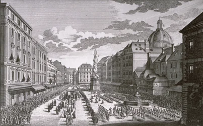Veduta di una processione nel Graben incisa da Georg-Daniel Heumann (1691-1759)