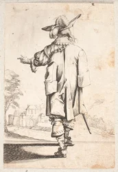 Cavaliere visto di spalle: Gesti con la mano sinistra. Indossa mantello e cappello piumato. Città murata e porta oltre
