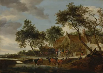 Paesaggio con viaggiatori davanti a una locanda vicino a un abbeveratoio