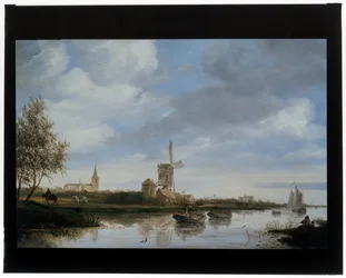 Paesaggio fluviale con mulino a vento