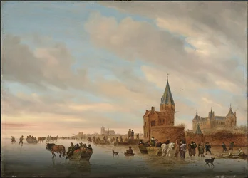 Paesaggio invernale con piaceri sul ghiaccio davanti a un Capriccio della città di Arnheim, 1652