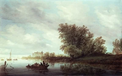 Paesaggio fluviale boscoso con un castello