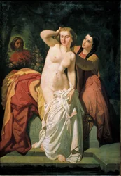 David e Betsabea, David osserva Betsabea al bagno. Dipinto di Salustiano Asenjo Arozarena (1834-1897) XIX secolo Dim. 131 x 89 cm Museo di Navarra, Pamplona, Spagna