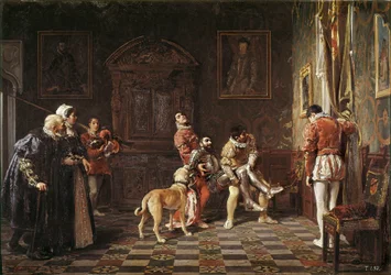 Ritorno del torneo. Un giovane cavaliere ferito viene riportato al palazzo, sostenuto da due paggi. Dipinto di Salvador Martinez Cubells (1845-1914) 1881 Valencia. Museo di Belle Arti San Pio