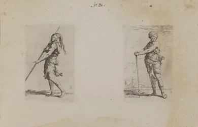 (Serie di figurine) Uomo con cappello piumato, vista laterale