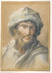 Testa di uomo barbuto con turbante
