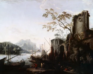 Paesaggio marino con torri, navi e rovine (Paesaggio marino con torri)