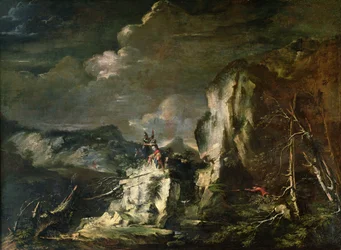 Paesaggio roccioso con un cacciatore e guerrieri