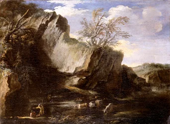 Paesaggio roccioso con pastori e bestiame