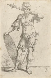 Guerriero esotico in piedi con cappello a testa di leone, che tiene una mazza e uno scudo, c.1656-57