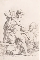 Due uomini seduti e un altro uomo che tiene un bastone inginocchiato su una roccia, dalla serie, ca. 1656-1657