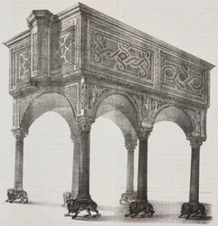Antico ambone nella cattedrale di Sessa Aurunca, Campania, Italia, litografia di Salvatore Puglia da disegno di Pasquale Mattei (1813-1879) da Poliorama Pittoresco, n 43, 31 maggio